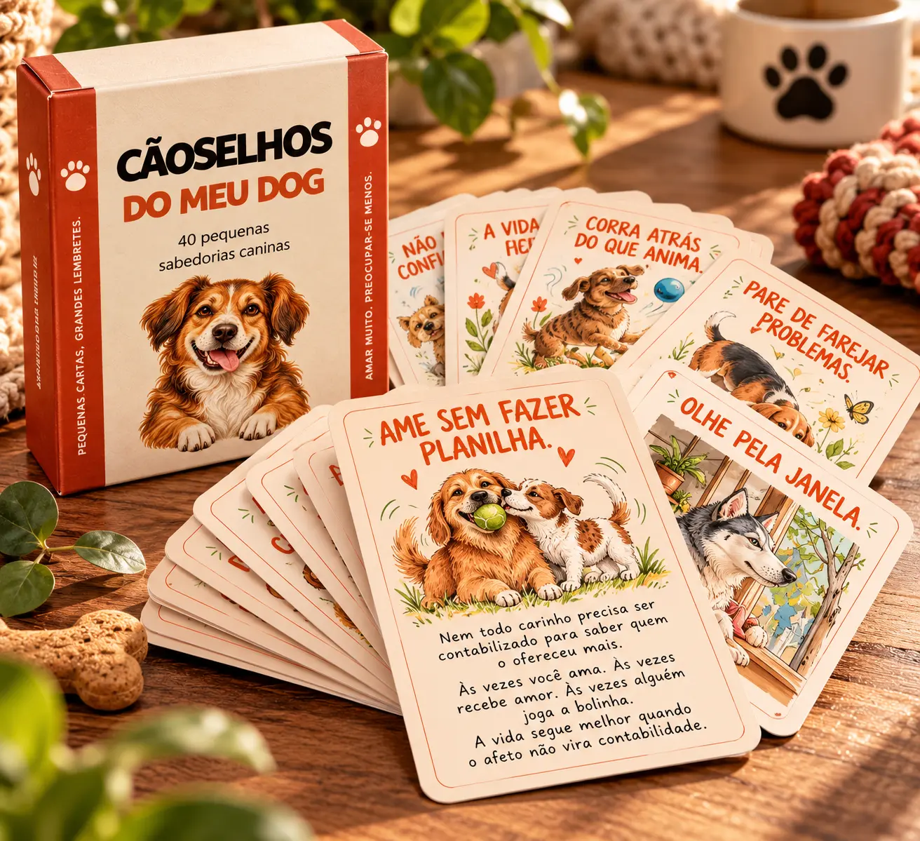 Baralho de Cãoselhos aberto ao lado da caixa personalizada
